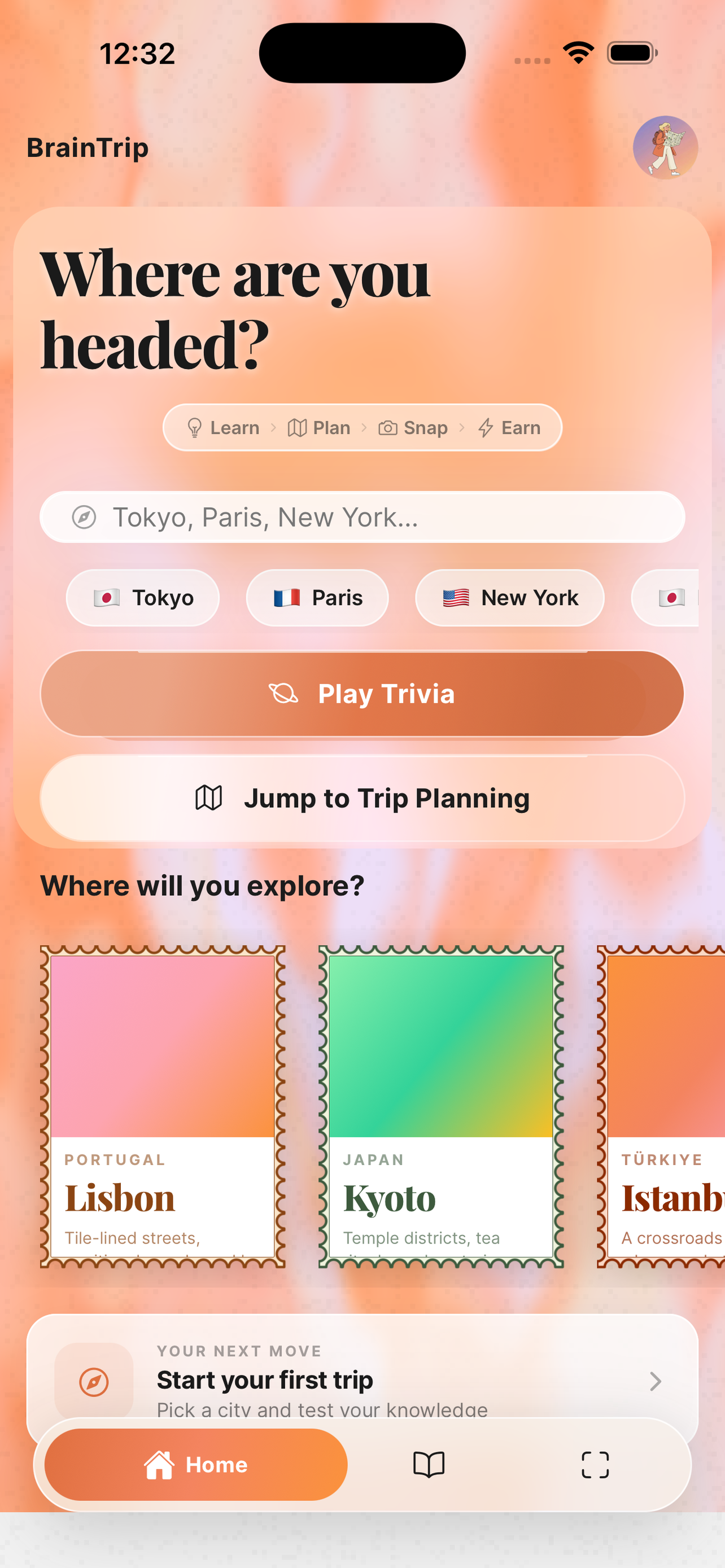The BrainTrip home screen showing 'Play Paris Trivia'