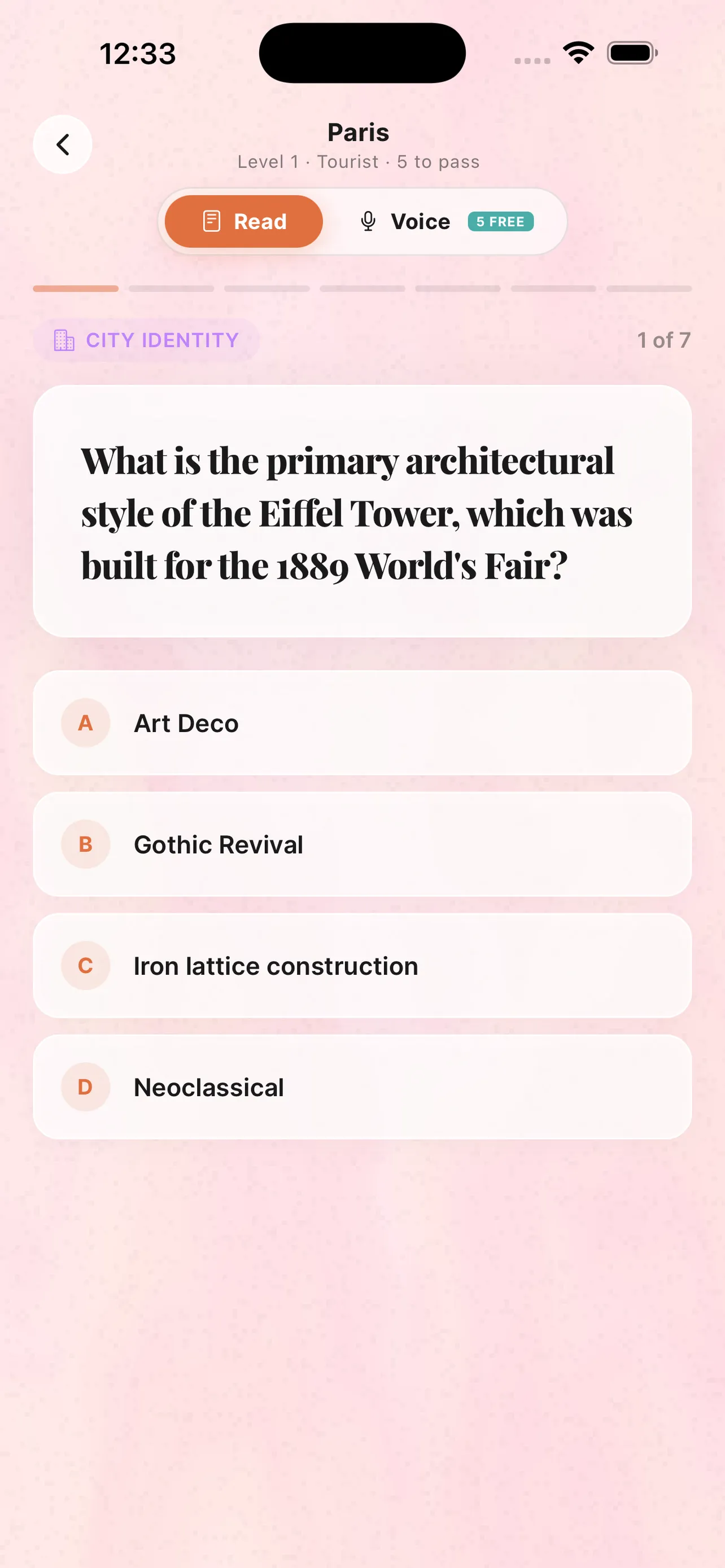 Trivia gameplay with a question about Paris